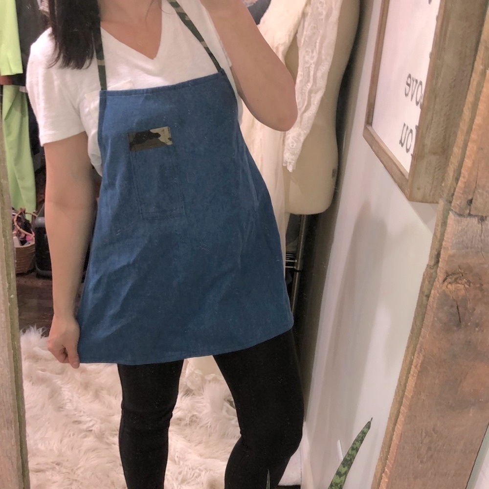Small denim apron with camouflage trim handmade